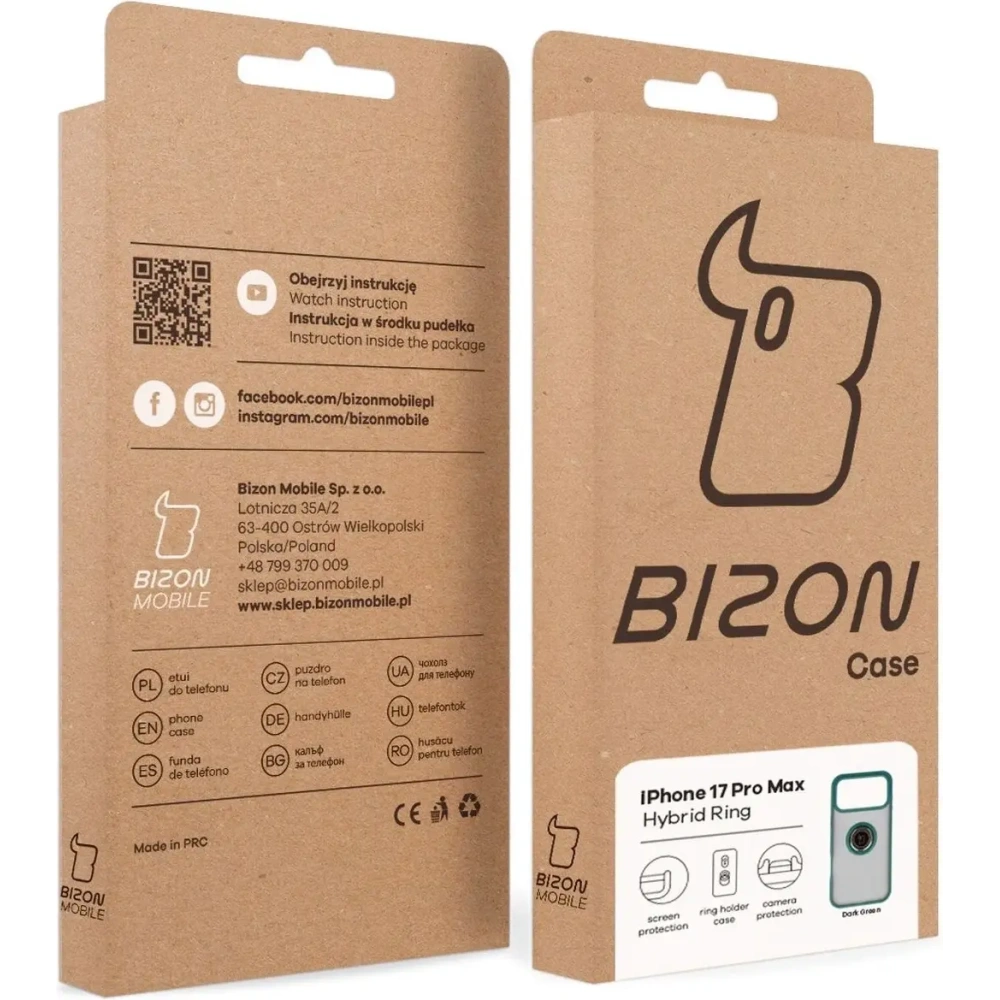 Etui z uchwytem na palec Bizon Case Hybrid Ring do Apple iPhone 17 Pro Max przydymione z ciemnozieloną ramką