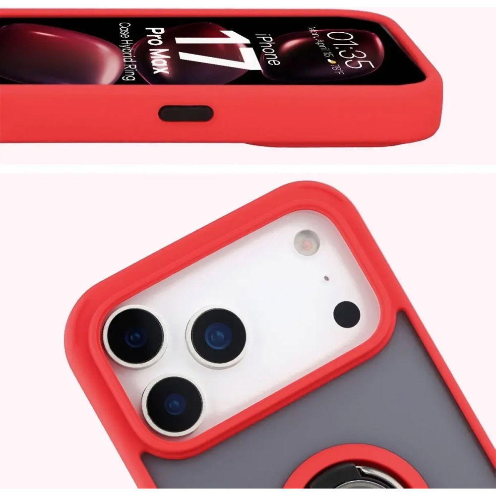 Etui z uchwytem na palec Bizon Case Hybrid Ring do Apple iPhone 17 Pro Max przydymione z czerwoną ramką