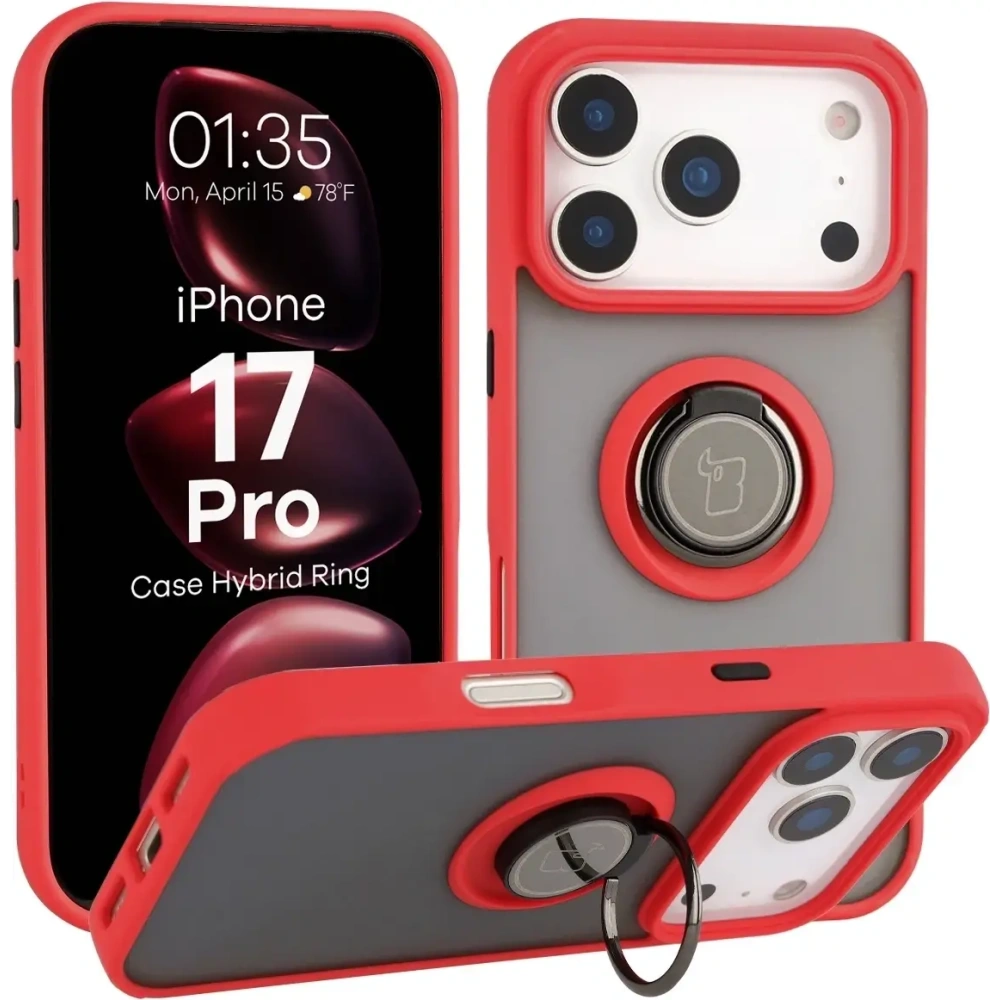 Etui z uchwytem na palec Bizon Case Hybrid Ring do Apple iPhone 17 Pro przydymione z czerwoną ramką