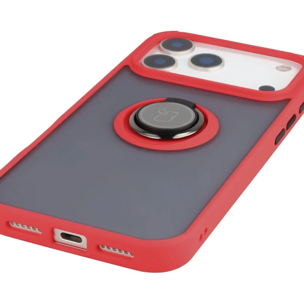 Etui z uchwytem na palec Bizon Case Hybrid Ring do Apple iPhone 17 Pro Max przydymione z czerwoną ramką