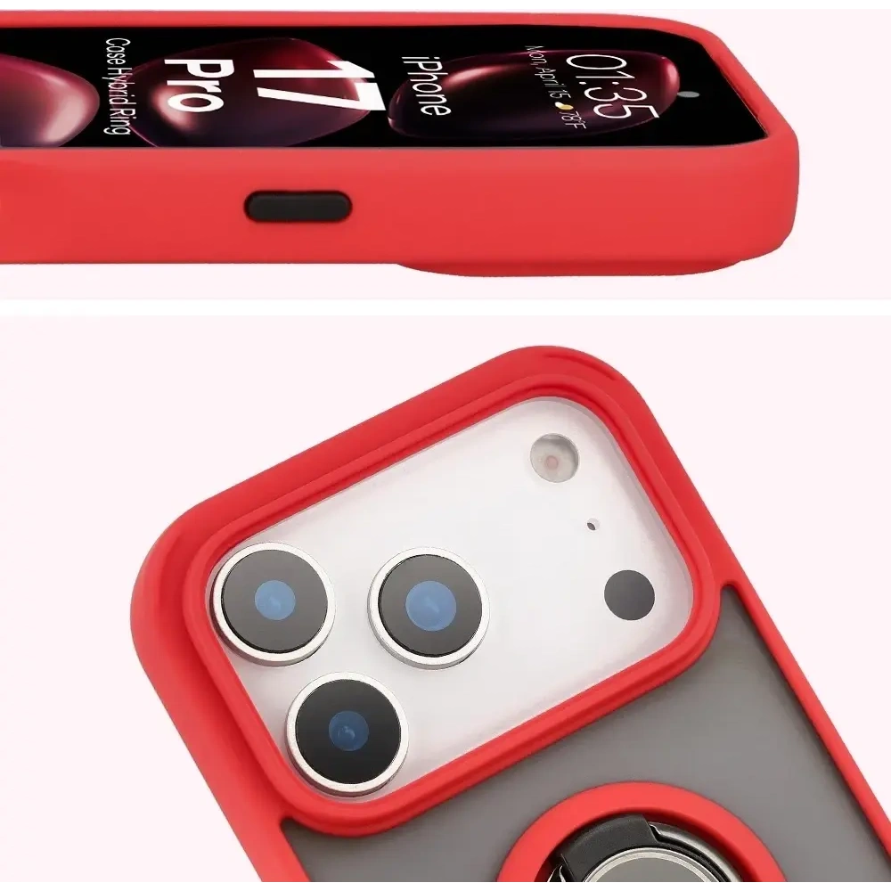 Etui z uchwytem na palec Bizon Case Hybrid Ring do Apple iPhone 17 Pro przydymione z czerwoną ramką