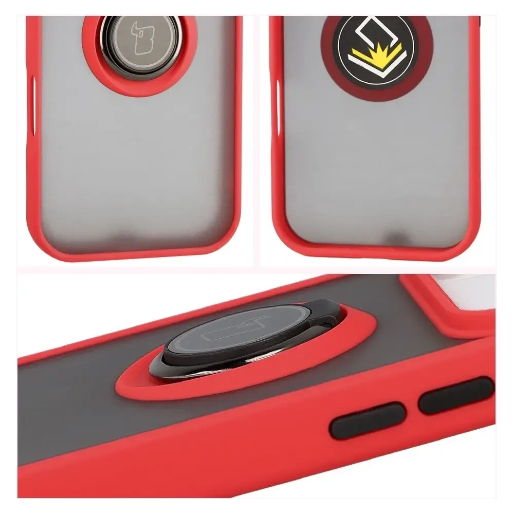 Etui z uchwytem na palec Bizon Case Hybrid Ring do Apple iPhone 17 Pro przydymione z czerwoną ramką