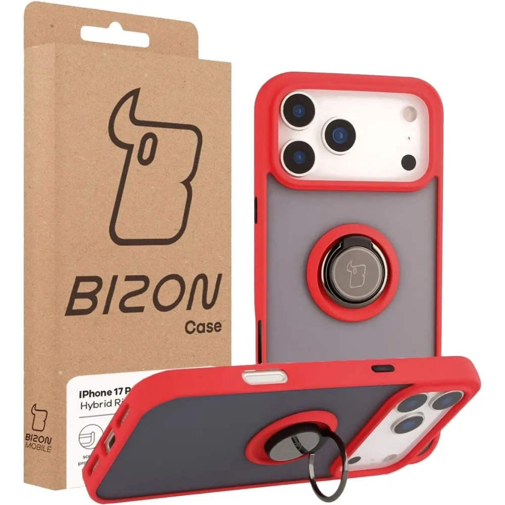 Etui z uchwytem na palec Bizon Case Hybrid Ring do Apple iPhone 17 Pro Max przydymione z czerwoną ramką