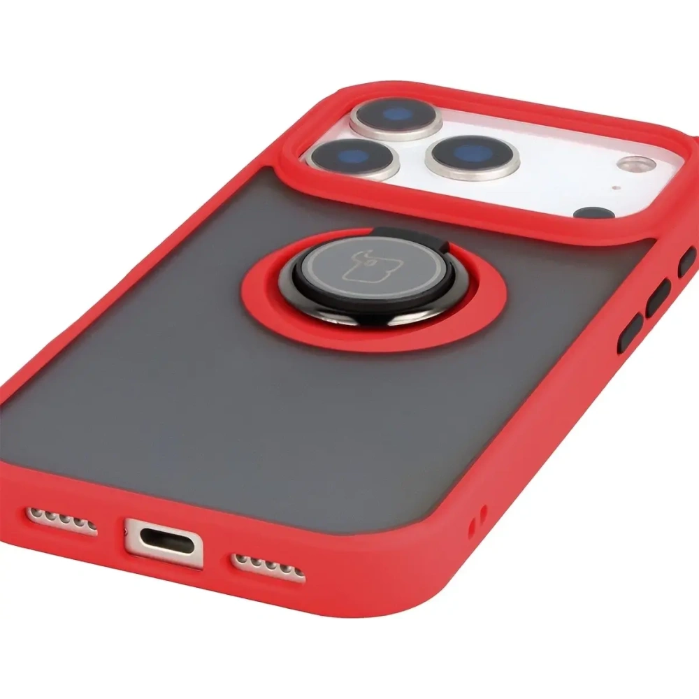 Etui z uchwytem na palec Bizon Case Hybrid Ring do Apple iPhone 17 Pro przydymione z czerwoną ramką
