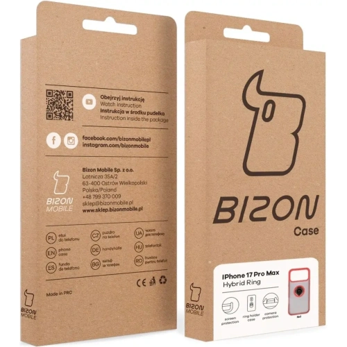 Etui z uchwytem na palec Bizon Case Hybrid Ring do Apple iPhone 17 Pro Max przydymione z czerwoną ramką