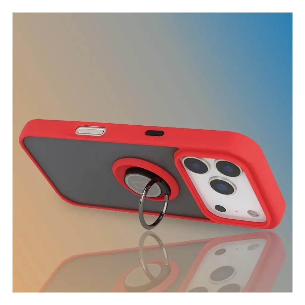 Etui z uchwytem na palec Bizon Case Hybrid Ring do Apple iPhone 17 Pro przydymione z czerwoną ramką