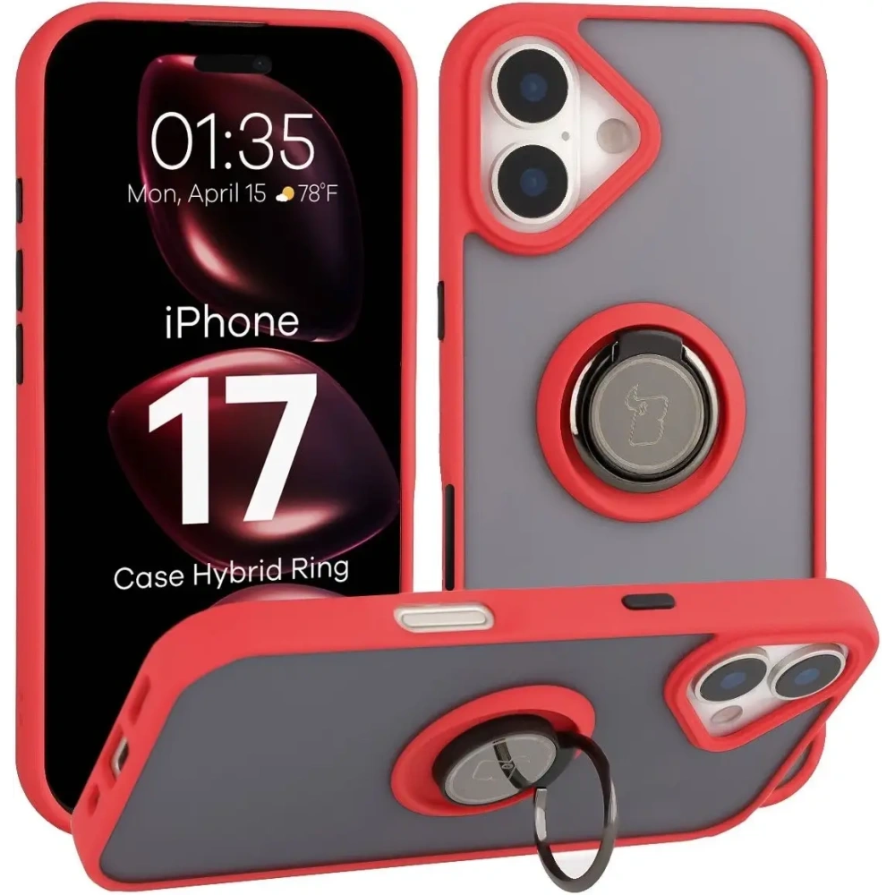 Etui z uchwytem na palec Bizon Case Hybrid Ring do Apple iPhone 17 przydymione z czerwoną ramką