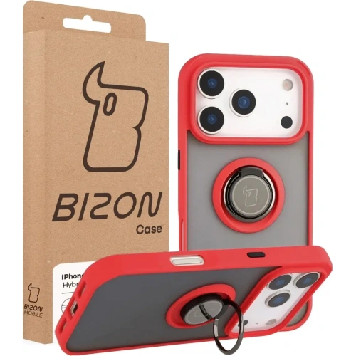 Etui z uchwytem na palec Bizon Case Hybrid Ring do Apple iPhone 17 Pro przydymione z czerwoną ramką