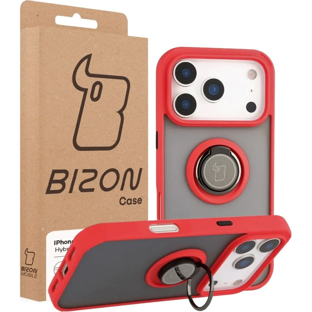 Etui z uchwytem na palec Bizon Case Hybrid Ring do Apple iPhone 17 Pro przydymione z czerwoną ramką