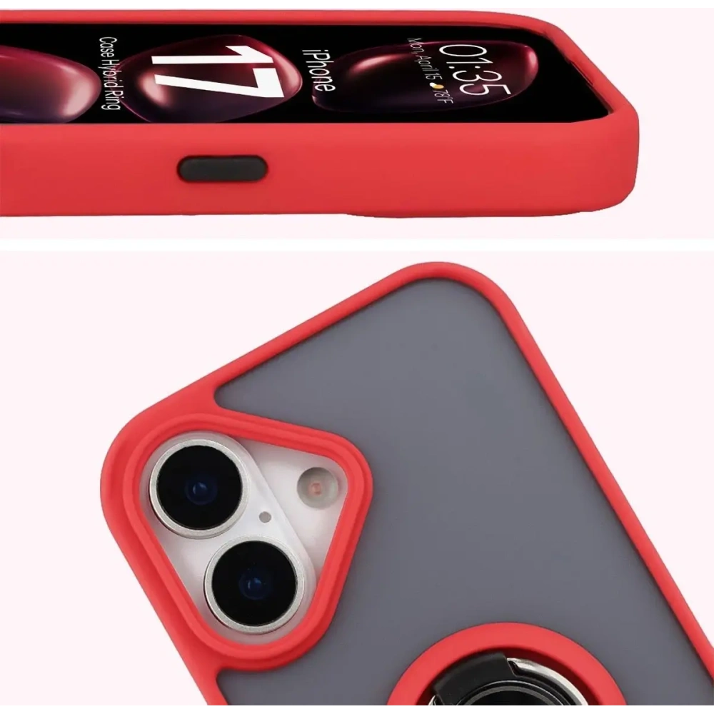 Etui z uchwytem na palec Bizon Case Hybrid Ring do Apple iPhone 17 przydymione z czerwoną ramką