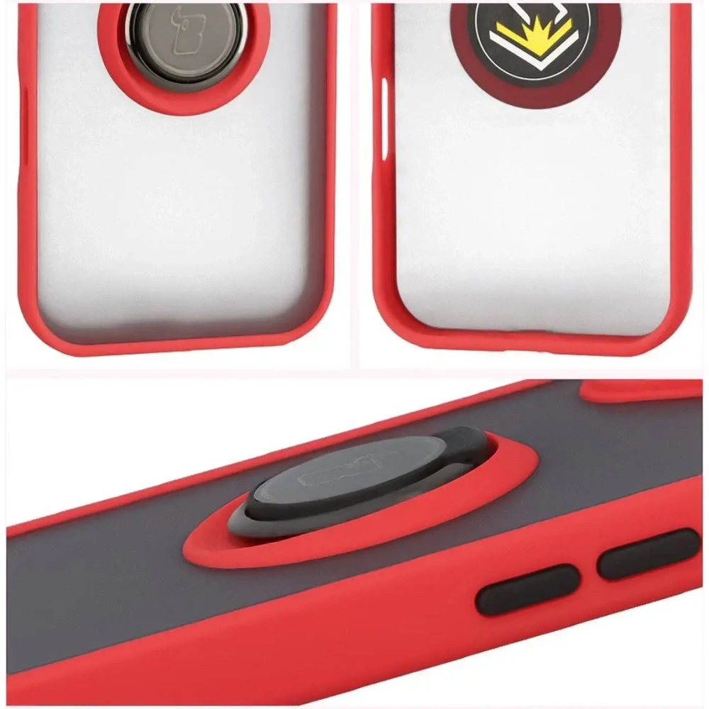 Etui z uchwytem na palec Bizon Case Hybrid Ring do Apple iPhone 17 przydymione z czerwoną ramką