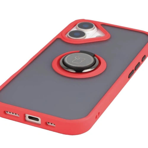 Etui z uchwytem na palec Bizon Case Hybrid Ring do Apple iPhone 17 przydymione z czerwoną ramką