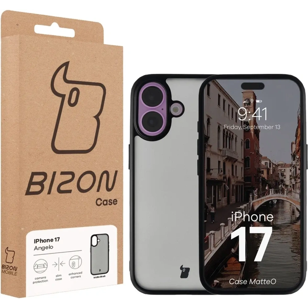 Etui Bizon Case Angelo do Apple iPhone 17 przydymione z czarną ramką