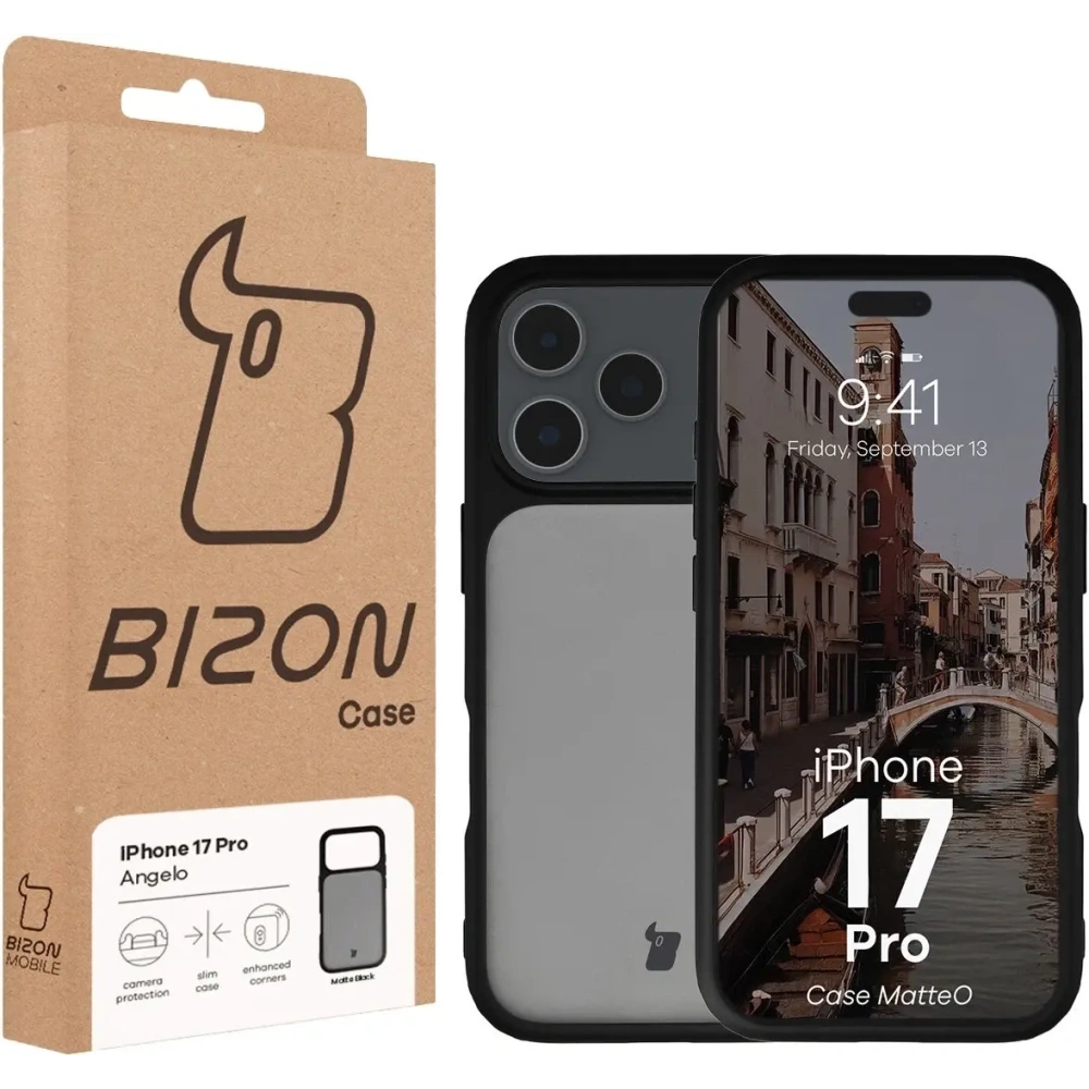 Etui Bizon Case Angelo do Apple iPhone 17 Pro przydymione z czarną ramką