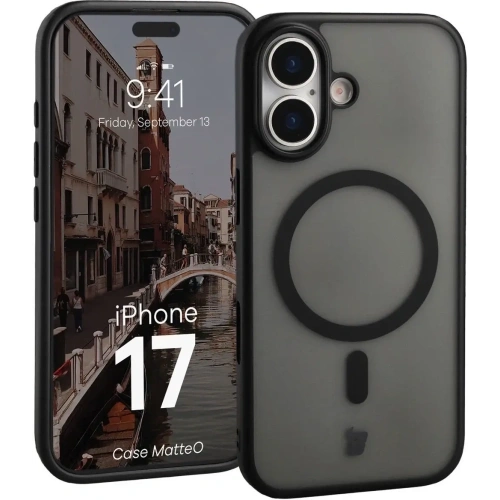 Etui z pierścieniem magnetycznym Bizon Case MatteO do Apple iPhone 17 przydymione-czarne