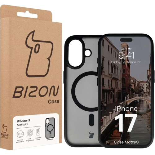 Etui z pierścieniem magnetycznym Bizon Case MatteO do Apple iPhone 17 przydymione-czarne