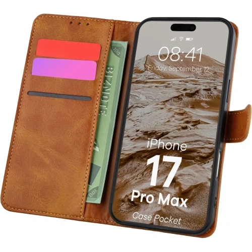 Etui z klapką Bizon Case Pocket do Apple iPhone 17 Pro Max brązowe