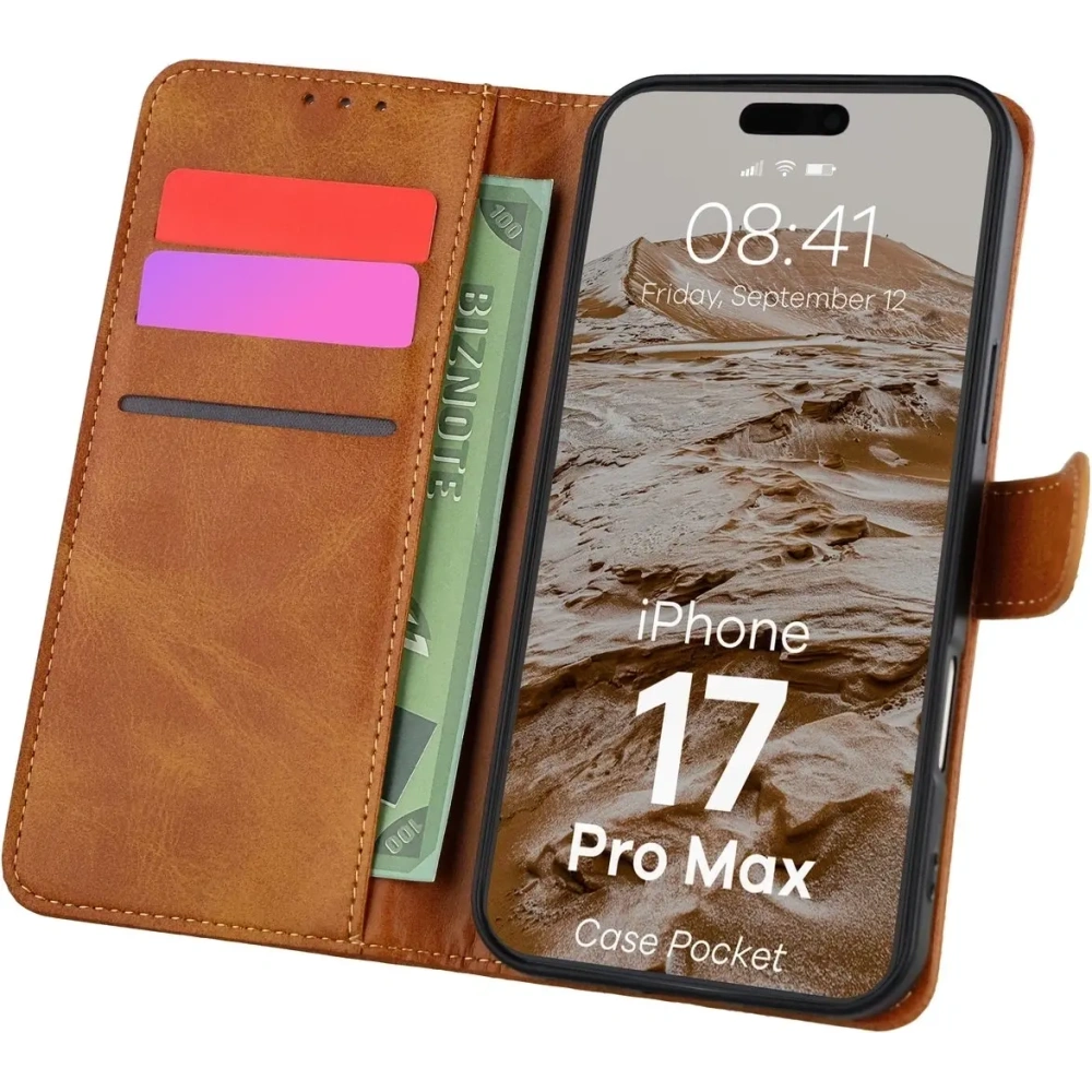 Etui z klapką Bizon Case Pocket do Apple iPhone 17 Pro Max brązowe