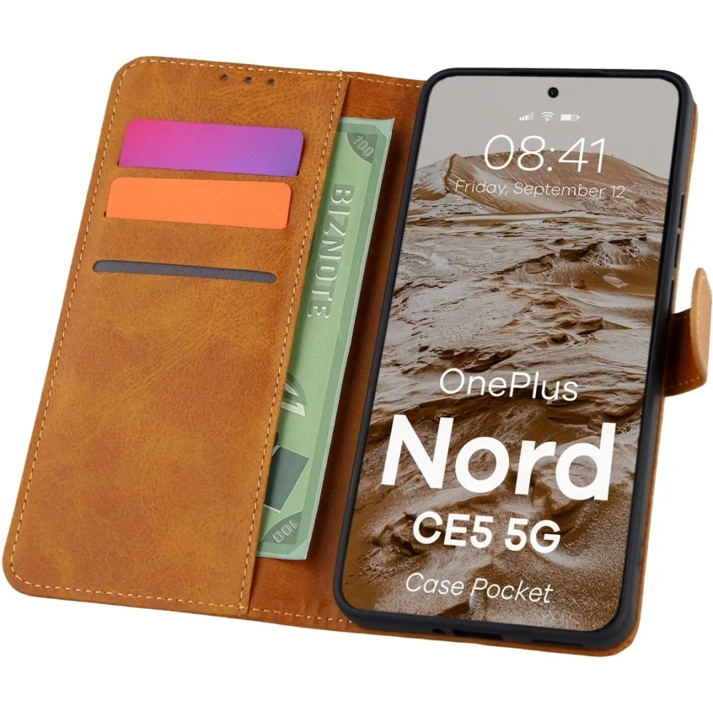 Etui z klapką Bizon Case Pocket do OnePlus Nord CE5 5G brązowe
