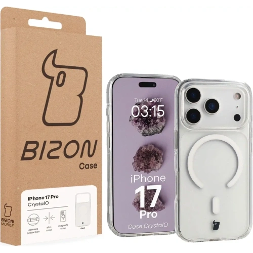 Etui z pierścieniem magnetycznym Bizon Case CrystalO Magnetic do Apple iPhone 17 Pro przezroczyste