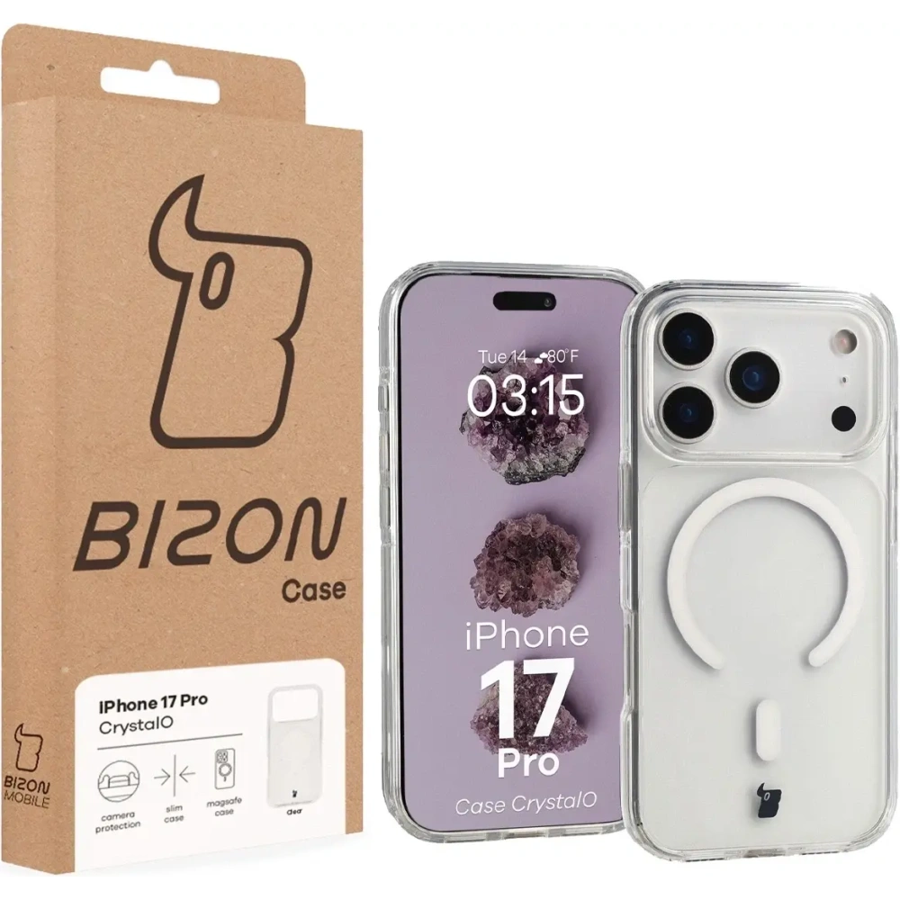 Etui z pierścieniem magnetycznym Bizon Case CrystalO Magnetic do Apple iPhone 17 Pro przezroczyste