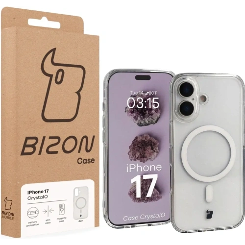 Etui z pierścieniem magnetycznym Bizon Case CrystalO Magnetic do Apple iPhone 17 przezroczyste