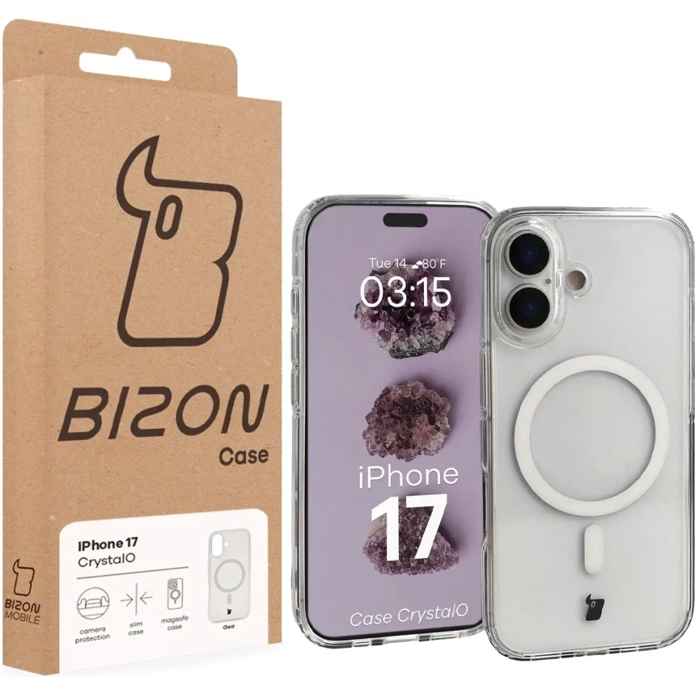 Etui z pierścieniem magnetycznym Bizon Case CrystalO Magnetic do Apple iPhone 17 przezroczyste