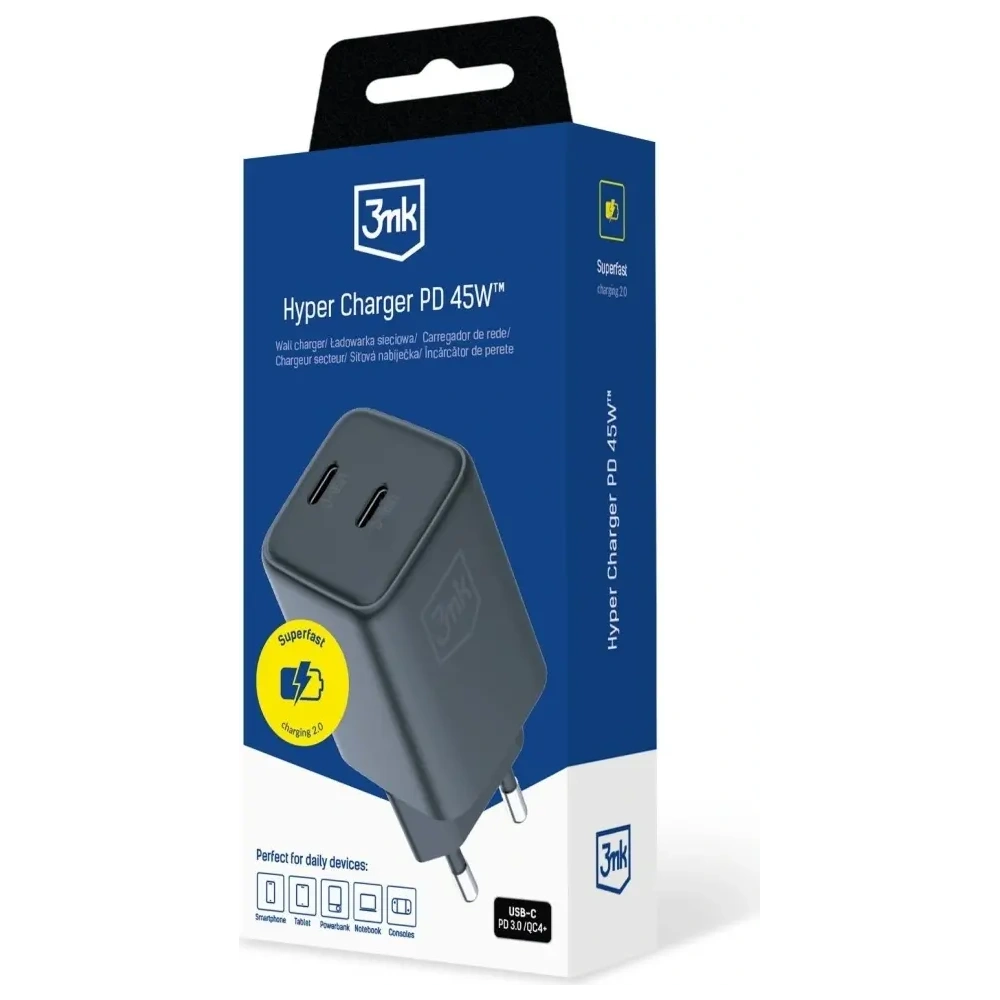 Ładowarka sieciowa 3MK Hyper Charger PD 45W GaN QC4+ PPS 2C Super-Fast Charge 2.0 czarny