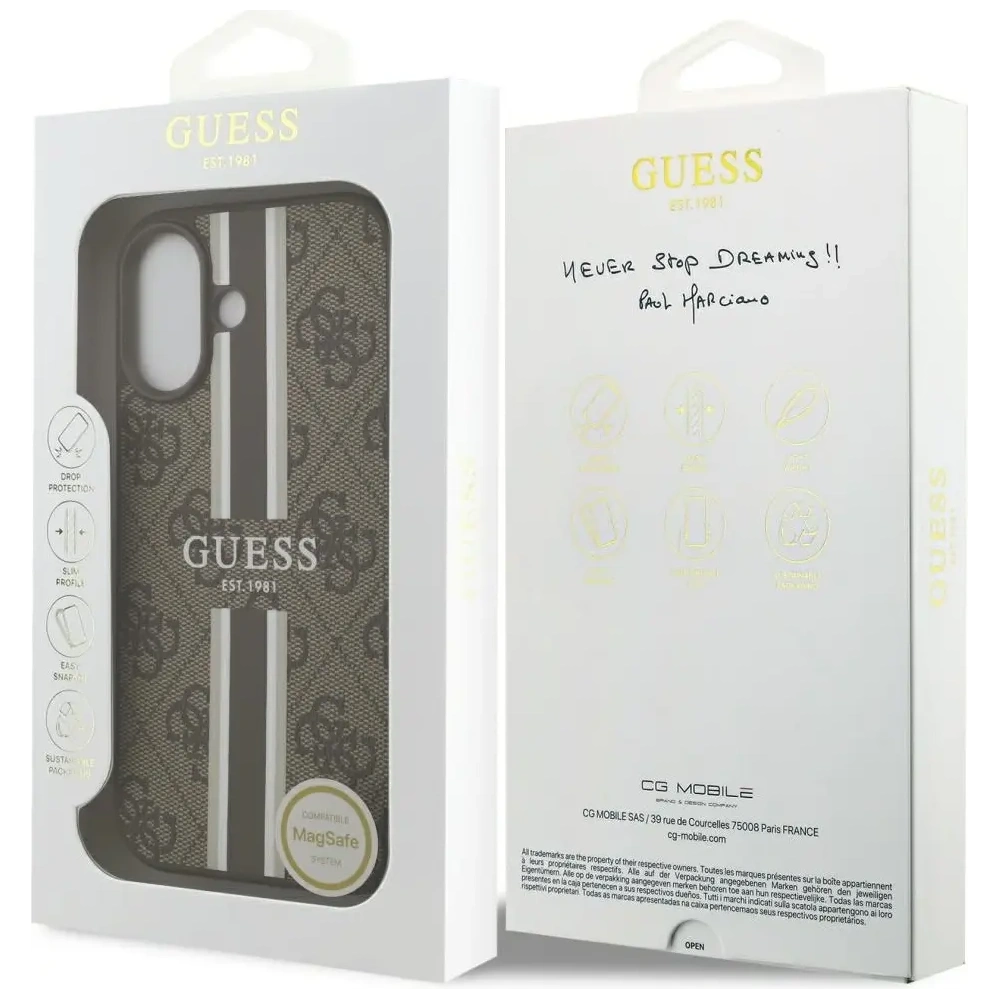 Etui Guess 4G Printed Stripes MagSafe do Apple iPhone 17 brązowy