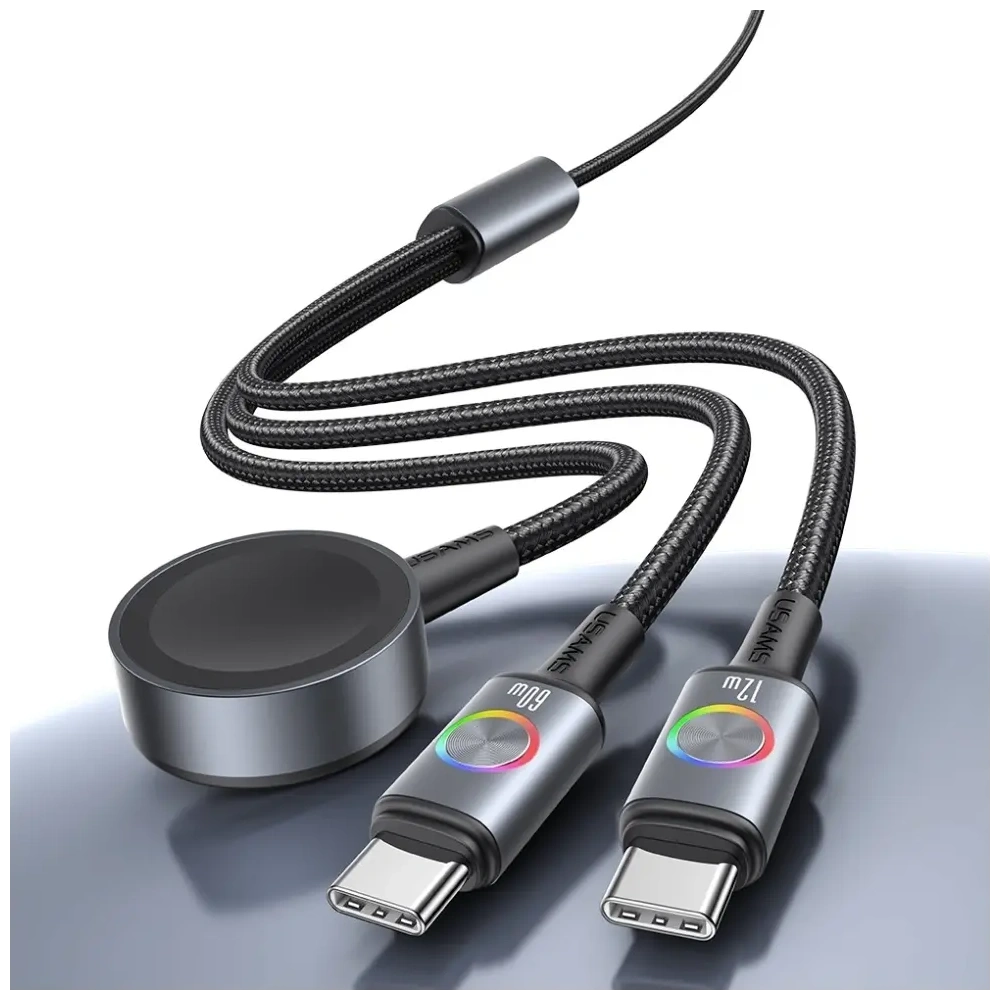 Kabel USAMS Huan Series SJ754 3w1 72W USB-C / USB-C 60W, USB-C 12W + ładowarka do zegarka 2.5W tarnish
