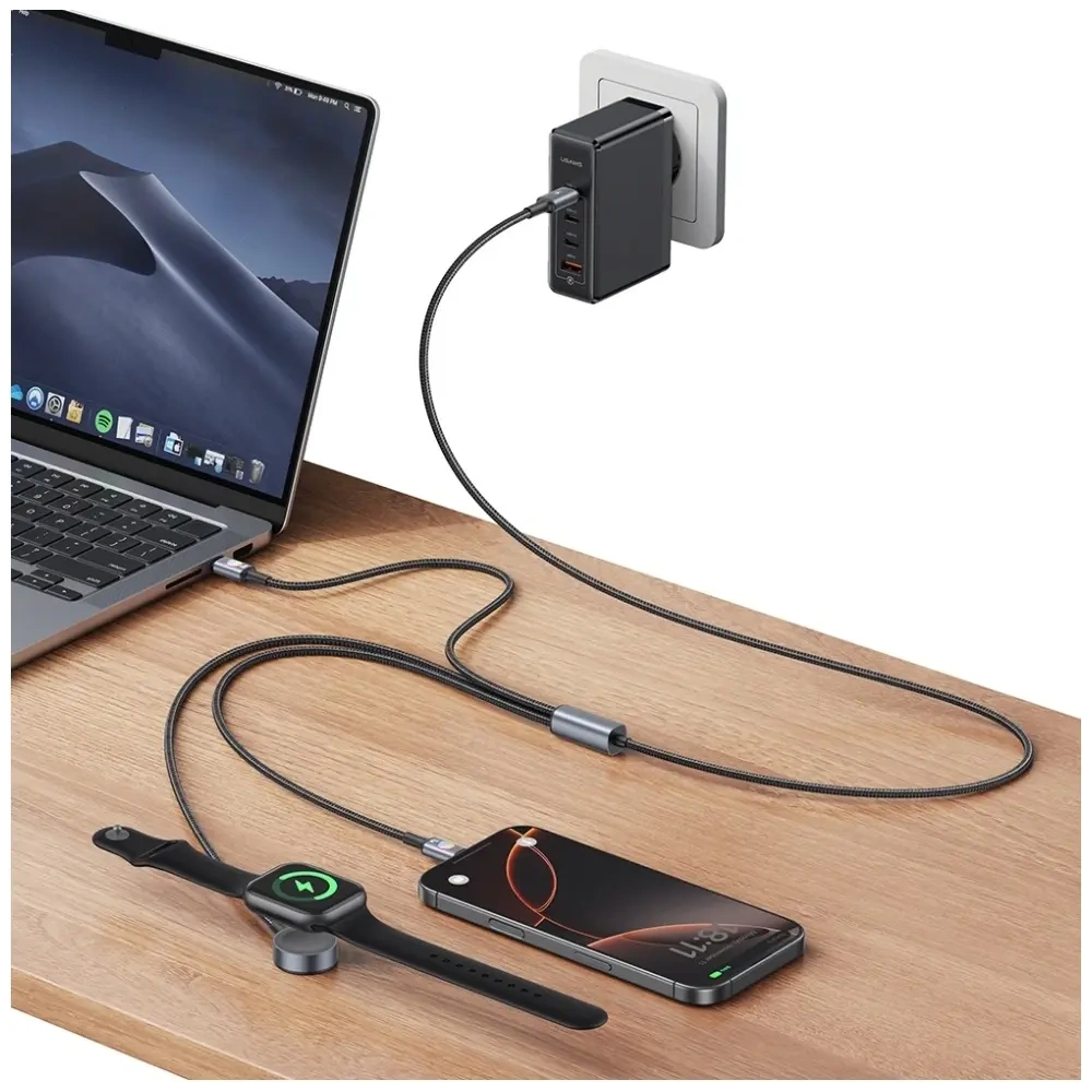 Kabel USAMS Huan Series SJ754 3w1 72W USB-C / USB-C 60W, USB-C 12W + ładowarka do zegarka 2.5W tarnish