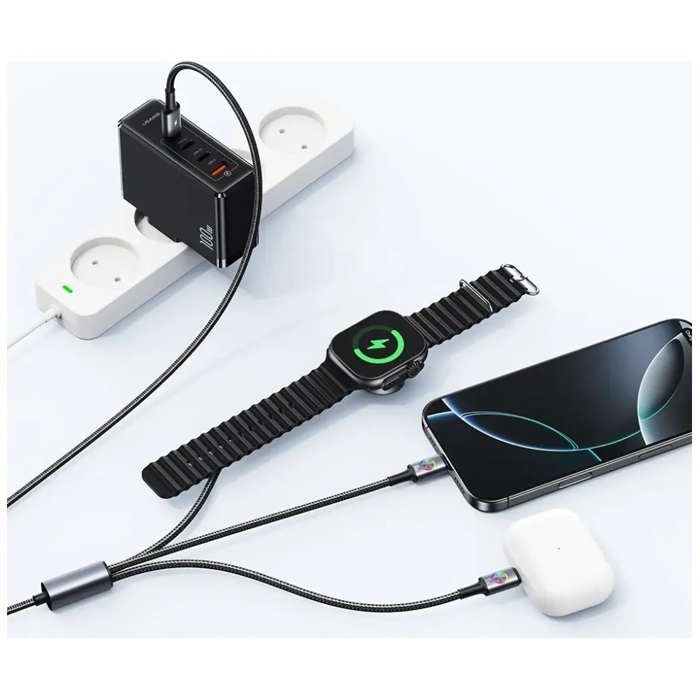 Kabel USAMS Huan Series SJ754 3w1 72W USB-C / USB-C 60W, USB-C 12W + ładowarka do zegarka 2.5W tarnish