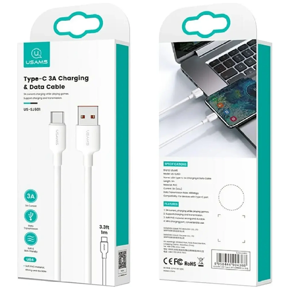 Kabel USAMS US-SJ603 U84 3A USB-C / USB-A 3m biały
