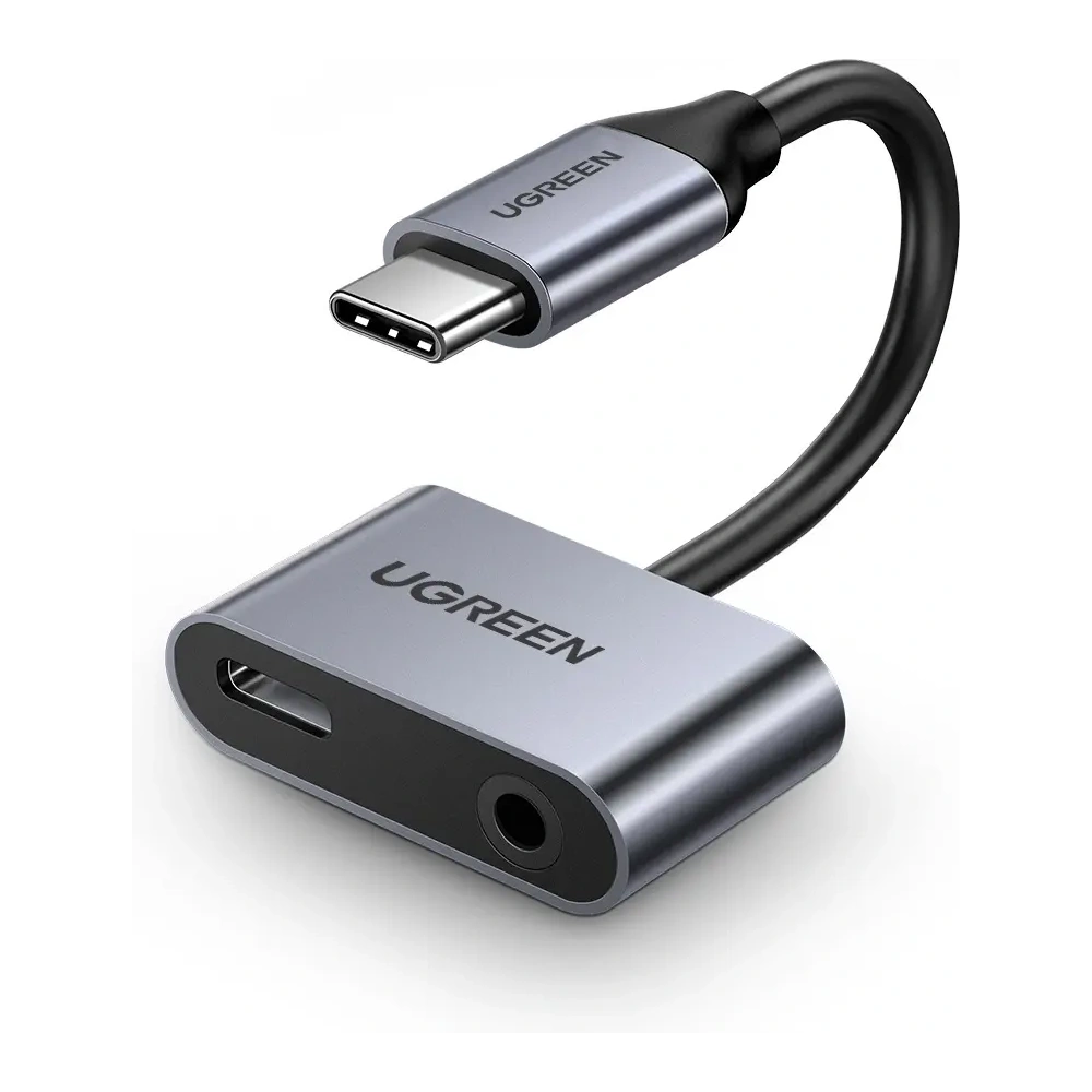 Adapter UGREEN CM193 50596 audio dwuportowy USB-C (męski) - mini jack 3.5mm / USB-C (żeński) szary