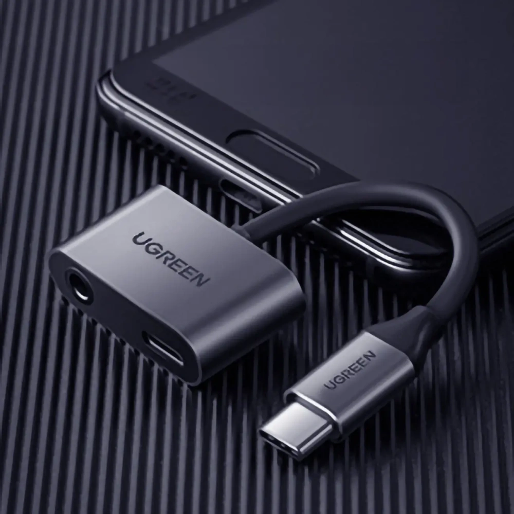Adapter UGREEN CM193 50596 audio dwuportowy USB-C (męski) - mini jack 3.5mm / USB-C (żeński) szary