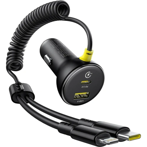 Ładowarka samochodowa Baseus Circular 60W USB-A, USB-C z wbudowanym kablem Lightning, USB-C 1.4m czarna