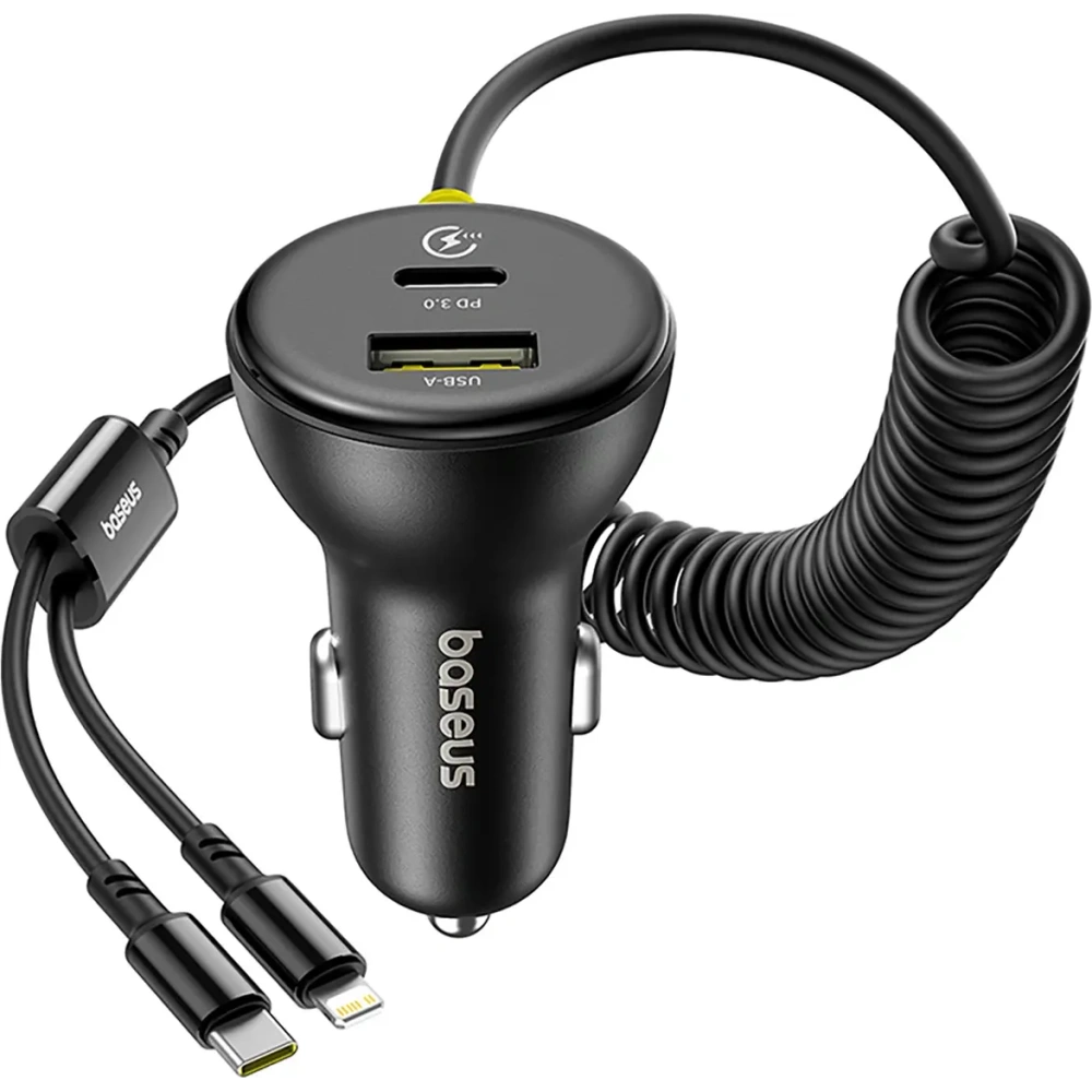 Ładowarka samochodowa Baseus Circular 60W USB-A, USB-C z wbudowanym kablem Lightning, USB-C 1.4m czarna