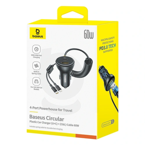 Ładowarka samochodowa Baseus Circular 60W USB-A, USB-C z wbudowanym kablem Lightning, USB-C 1.4m czarna