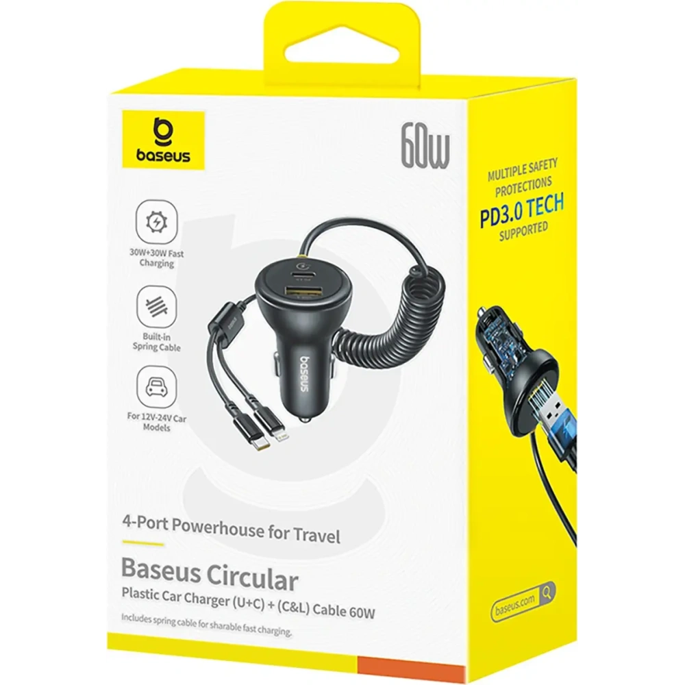 Ładowarka samochodowa Baseus Circular 60W USB-A, USB-C z wbudowanym kablem Lightning, USB-C 1.4m czarna