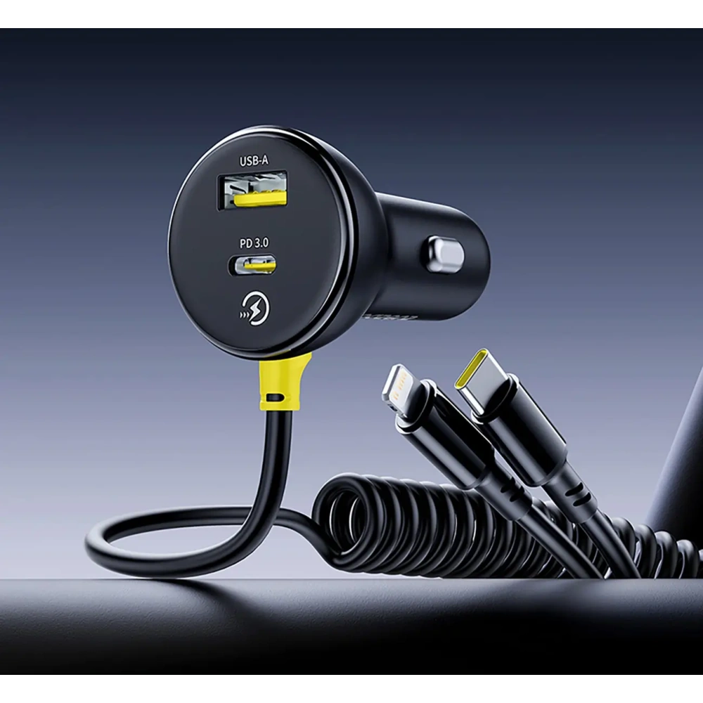 Ładowarka samochodowa Baseus Circular 60W USB-A, USB-C z wbudowanym kablem Lightning, USB-C 1.4m czarna