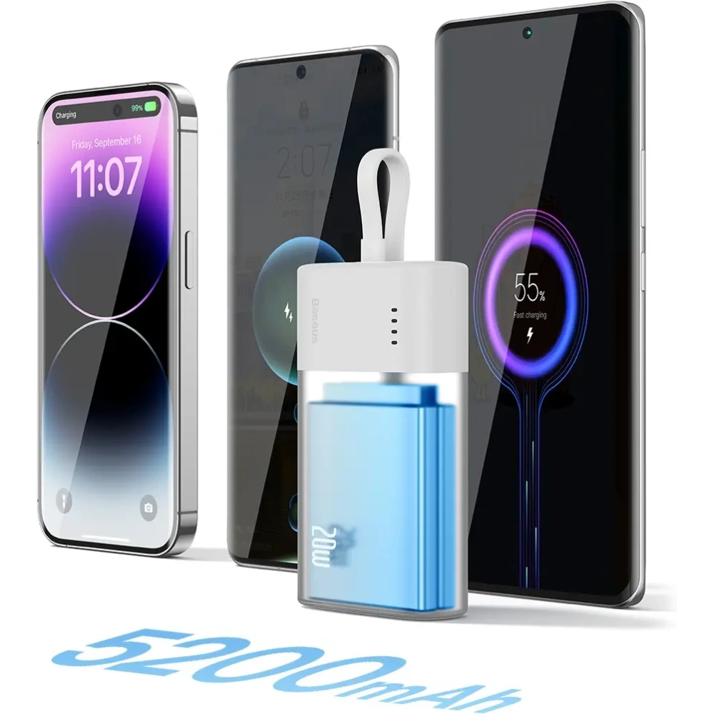 Powerbank Baseus Popsicle 5200mAh 20W z wbudowanym kablem Lightning + kabel Baseus Simple USB-C / USB-C 60W/20V/3A/30cm biało-zielony