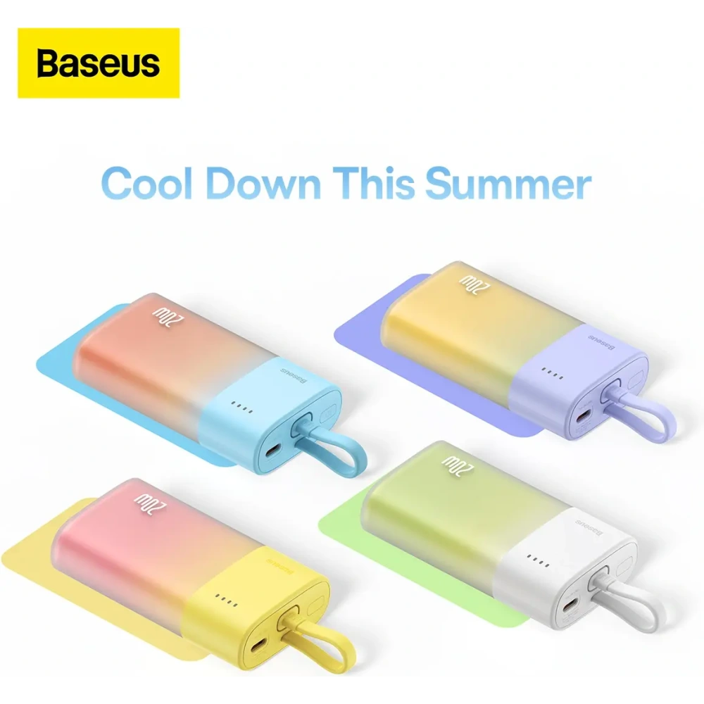 Powerbank Baseus Popsicle 5200mAh 20W z wbudowanym kablem Lightning + kabel Baseus Simple USB-C / USB-C 60W/20V/3A/30cm biało-zielony