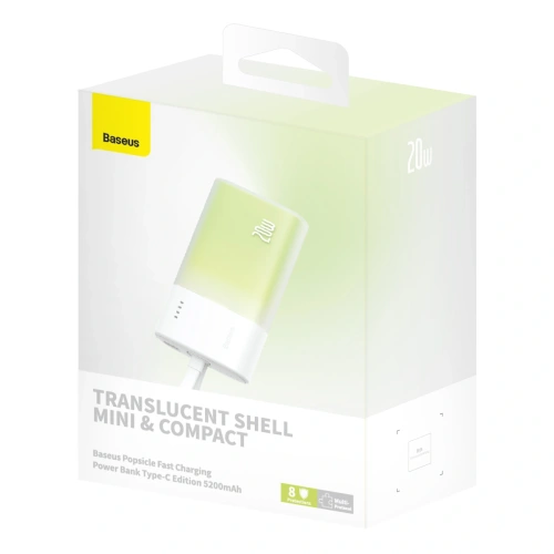 Powerbank Baseus Popsicle 5200mAh 20W z wbudowanym kablem Lightning + kabel Baseus Simple USB-C / USB-C 60W/20V/3A/30cm biało-zielony