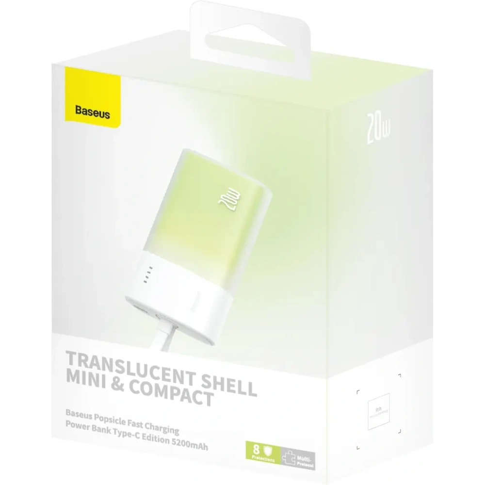 Powerbank Baseus Popsicle 5200mAh 20W z wbudowanym kablem Lightning + kabel Baseus Simple USB-C / USB-C 60W/20V/3A/30cm biało-zielony
