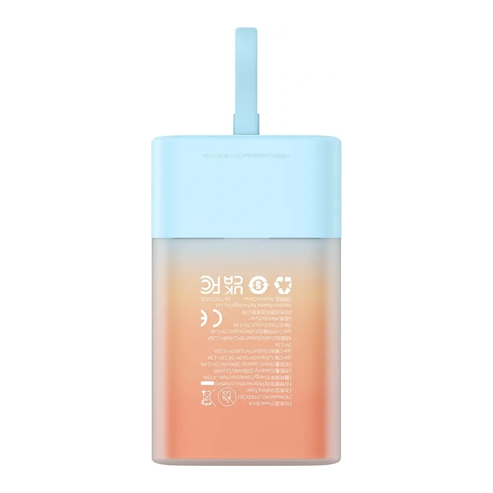 Powerbank Baseus Popsicle 5200mAh 20W z wbudowanym kablem Lightning + kabel Baseus Simple USB-C / USB-C 60W/20V/3A/30cm niebiesko-pomarańczowy