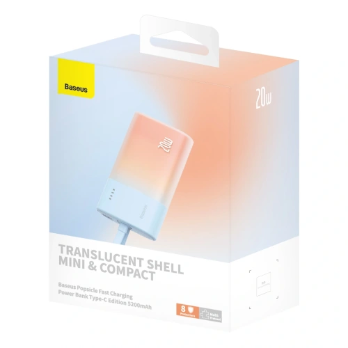 Powerbank Baseus Popsicle 5200mAh 20W z wbudowanym kablem Lightning + kabel Baseus Simple USB-C / USB-C 60W/20V/3A/30cm niebiesko-pomarańczowy