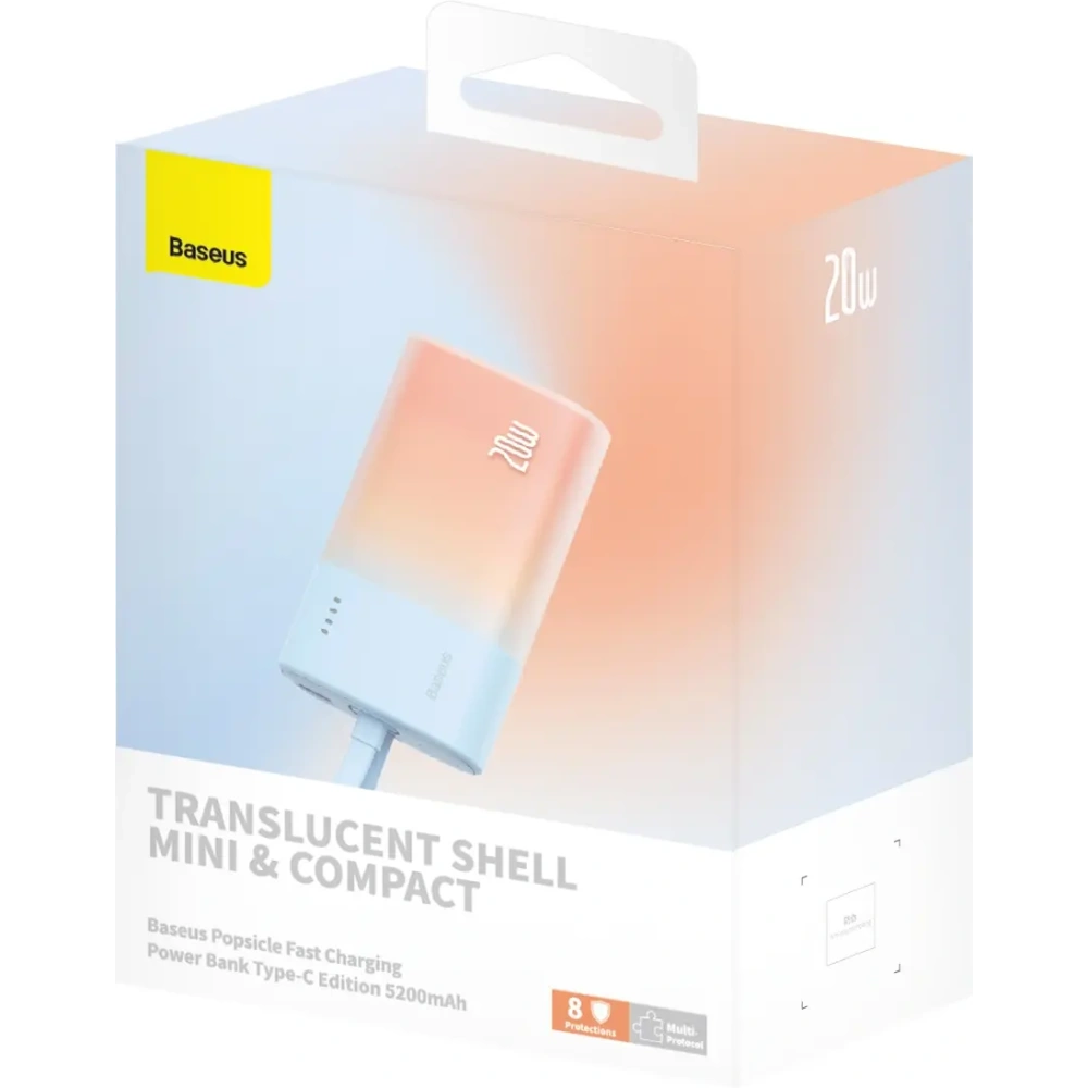 Powerbank Baseus Popsicle 5200mAh 20W z wbudowanym kablem Lightning + kabel Baseus Simple USB-C / USB-C 60W/20V/3A/30cm niebiesko-pomarańczowy