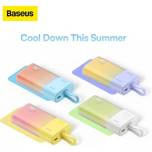 Powerbank Baseus Popsicle 5200mAh 20W z wbudowanym kablem Lightning + kabel Baseus Simple USB-C / USB-C 60W/20V/3A/30cm niebiesko-pomarańczowy