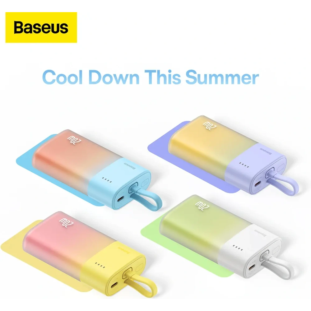 Powerbank Baseus Popsicle 5200mAh 20W z wbudowanym kablem Lightning + kabel Baseus Simple USB-C / USB-C 60W/20V/3A/30cm niebiesko-pomarańczowy