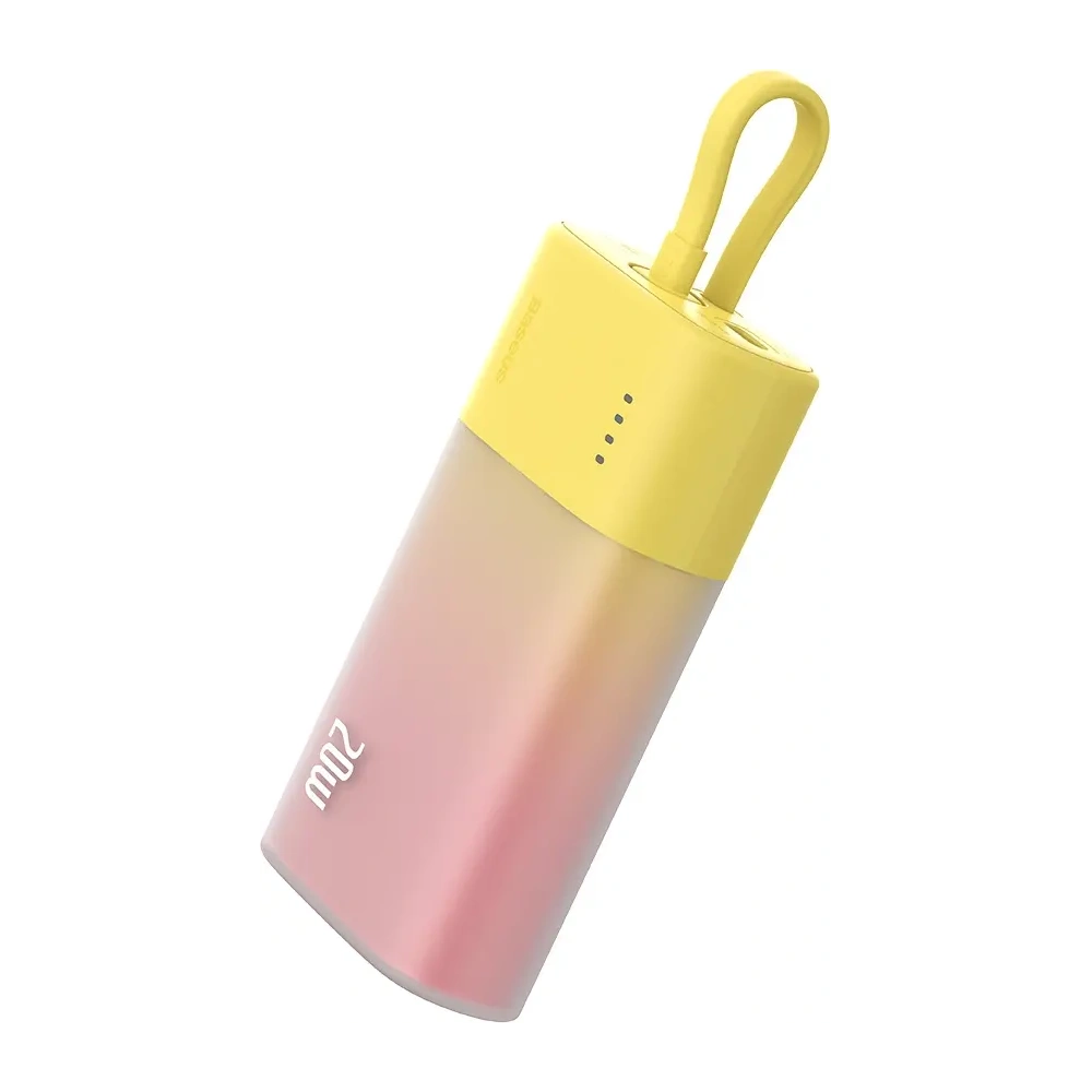 Powerbank Baseus Popsicle 5200mAh 20W z wbudowanym kablem Lightning + kabel Baseus Simple USB-C / USB-C 60W/20V/3A/30cm zółto-różowy